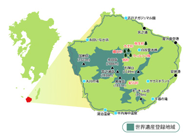 屋久島の地図。世界遺産登録地域と他の地域が色分けされている。